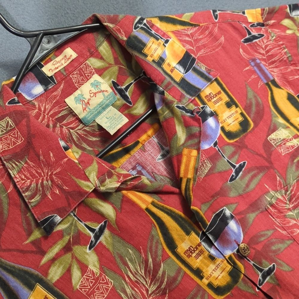 Reyn Spooner Shirt Men's L Red Linen Loop Collar Hawaiian Wine Camp